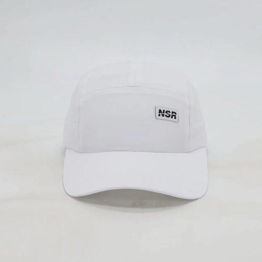 White NSR Negative Split Running Threshold hat with bungee - front
